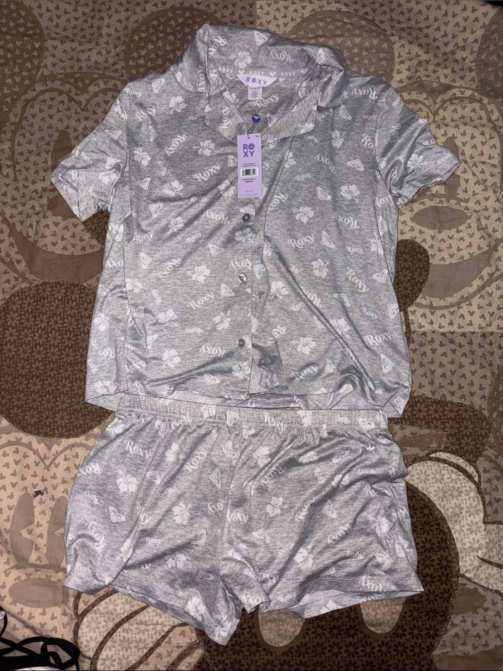 Roxy Gray Short-Sleeve Button Pajama Set with White Floral Print